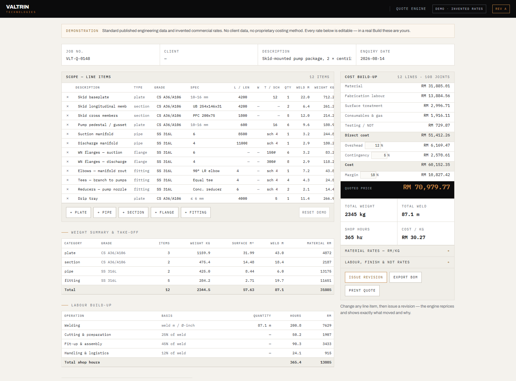 The Valtrin estimating engine — real interface